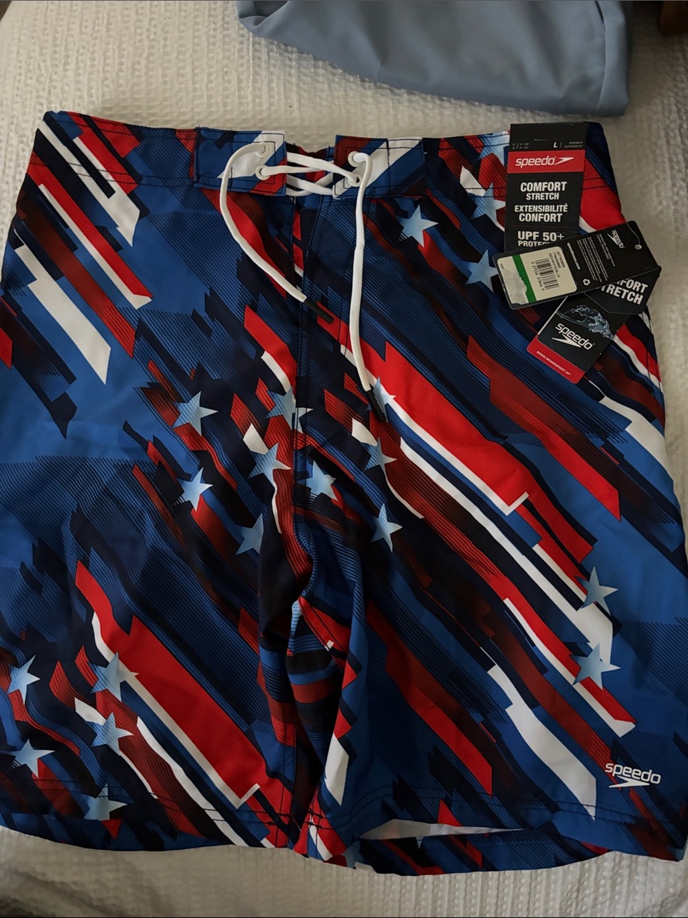 NWT Speedo Men's Large (34) Comfort Stretch Board Shorts Patriotic Stars UPF 50+